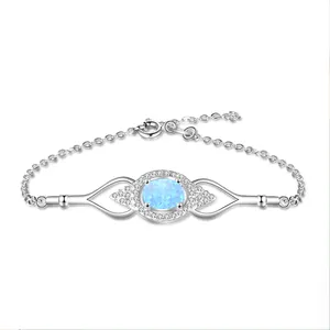 Pulsera de cadena chapada en Color plateado con forma de ojo, pulsera de ópalo azul creada Ovalada para mujer, joyería de moda de Plata de Ley 925