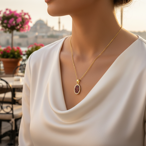 Oval Design <b>Ruby</b> Baguette Pendant Fashion <b>Necklace</b> Wholesale Turkish Handmade 925 Sterling Silver Jewelry - Product Image 3