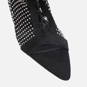 Sandales d'été à lacets bottes à bout ouvert et à lanières bottes à mailles pour femmes strass colorés talons hauts maille noire bottes à <span class=keywords><strong>talon</strong></span> aiguille - Product Image 4