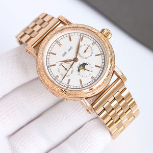 Montre mécanique de luxe à plusieurs cadrans, affichage complet de la date et des phases lunaires, lunette à motif gravé, index sertis de diamants - Product Image 2