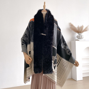 Chal de Invierno de Marca de Lujo para Mujer, Diseño Geométrico de Animales, Sensación de Cachemira, Chal Poncho con Cuello de Piel Sintética para Fiesta - Product Image 2