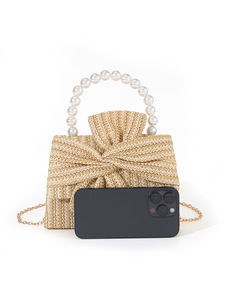 European and American spring and <b>summer</b> design sense pearl handbag fashion and versatile handmade bow women's woven straw <b>bag</b> - Product Image 5