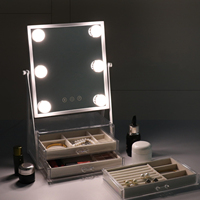 Miroir de maquillage à LED à intensité variable à une seule face avec boîte de rangement en acrylique, éclairage personnalisé