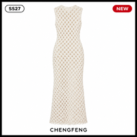 Robe longue moulante sans manches en maille ajourée crochetée ivoire pour femme, fabrication sur mesure avec logo
