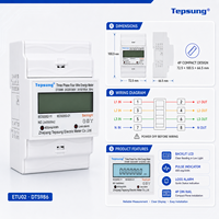 Compteur d'énergie numérique triphasé 4 fils Tepsung ETU02 sur rail DIN, classe de précision 1.0, courant nominal 100A, sortie 220V, léger