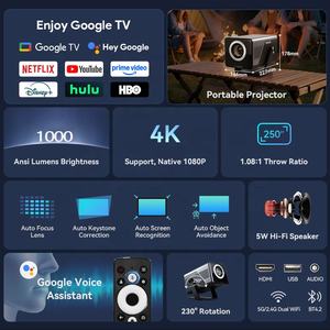 Projecteur à courte focale officiel Google-TV autorisé, système autofocus, correction trapézoïdale, résolution native 1080p, visionnement en plein jour, sans fil, WiFi 6 - Product Image 2
