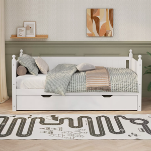 Twin Size <strong>Daybed</strong> with Pull Out <strong>Trundle</strong> Bed Wooden Bed Frame Sofa Bed White - Product Image 1