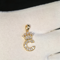 Pendentif Lettre C Couronne 15MM en Or 18K Sertie de Diamants Véritables, Breloque Initiale Alphabet, Bijoux Hip Hop de Luxe pour Hommes et Femmes, Cadeau de Fête
