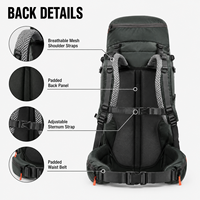 Sac à dos de camping OEM ODM 65+10L résistant à l'abrasion, spacieux, pour la randonnée, avec plaque en aluminium