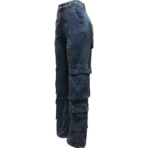 กางเกงยีนส์สีน้ำเงินทรงตรงสำหรับผู้หญิง มีกระเป๋า กางเกงยีนส์ขากว้าง แฟชั่นสำหรับผู้หญิง - Product Image 4