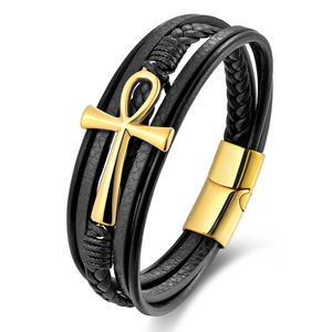 Men's 3-Layer Braided <b>Leather</b> <b>Bracelet</b> with PVD 18K Gold Cross & Magnetic Clasp | Stylish Wristband for Fashion and Casual Wear - Product Image 1