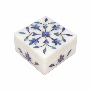 Boîte à bijoux en marbre blanc avec incrustation de lapis-lazuli |   Boîte de rangement de luxe en pierres semi-précieuses pour bagues, boucles d'oreilles et cadeaux - Product Image 1