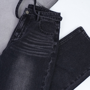 <span class=keywords><strong>Jean</strong></span> taille haute noir-<span class=keywords><strong>gris</strong></span> délavé pour femme, coupe droite ample amincissante, pantalon large - Product Image 1