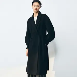 Cappotto plissettato doppio lato manica a lanterna cappotto silhouette a-line in vita per le donne LargeSwing nero lungo straccio da donna