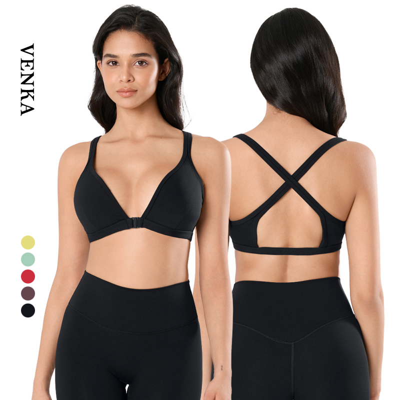 Anti-Shock Vest Women Cross Beautiful Back Front Snap Button Removable Design Sportswear Deep V-Neck Halter Sports Gym Yoga Bra