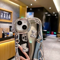 Coque de Téléphone Miroir de Maquillage Galvanisé Argent Bords Ondulés Cœur pour iPhone 15 16 17 Pro Max 14 Plus 13 12