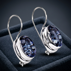 R Art Palace <b>Silver</b> Oval Cut <b>Blue</b> Crystal Drop <b>Earrings</b> Bezel Setting Classic Women's Jewelry - Product Image 2