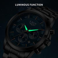 Montre Homme LG89225 Bleue de Luxe en Alliage Antique et Acier Inoxydable à Quartz, Trois Cadrans, Phase de Lune, Aiguilles Lumineuses, Motif Dessin Animé, Résistante à l'Eau