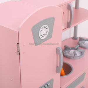 Cuisine de jeu d'imitation classique vintage en bois pour enfants avec machine à glaçons, téléphone, robinet, évier, brûleur et four - Rose - Product Image 6