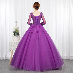 Purple Tulle Evening Gown With 3D Floral Embroidery Long Sleeve Ball Gown For Women Stage Performance Dress - Product Image 4