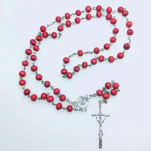 perfumer rose scent wood beads religious Pope Francis catholic rosary necklace with crucifix &plastic saint case