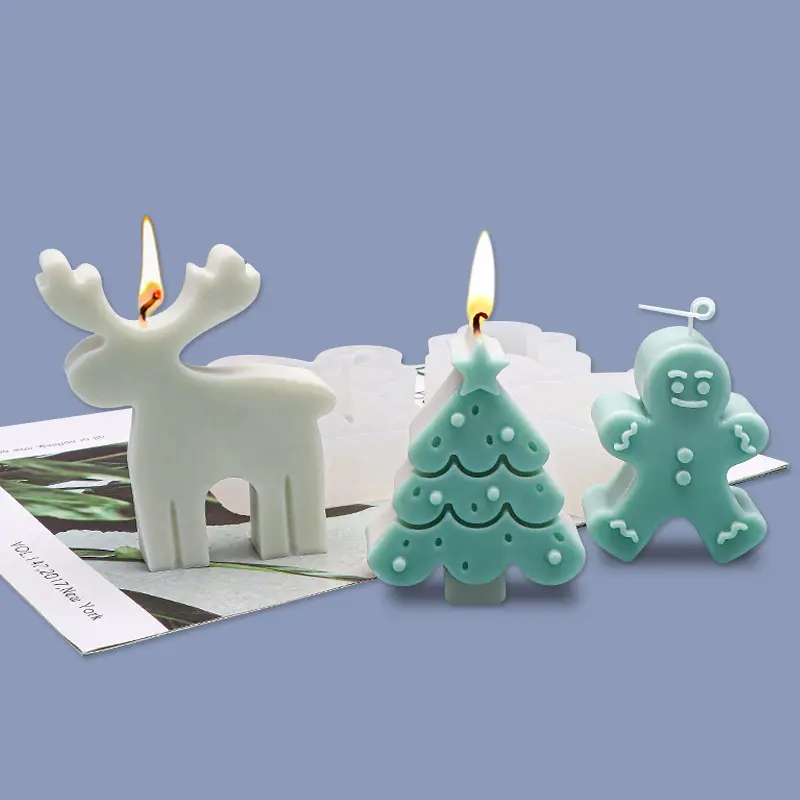 Amazon High quality Christmas Tree Moose Gingerbread Man Silicone molds for 3d candle making molds