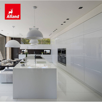 Armoires de cuisine Alland de style moderne modulaire en bois, blanc et gris, avec îlot, finition laquée brillante longue et luxueuse