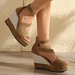 Women Perforated Wedge Summer New Suede Back Zipper European and American Style Platform Thick Sole Peep Toe <b>Sandals</b> - Product Image 1
