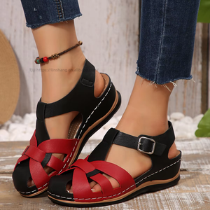 Women Summer New European Style Color <b>Block</b> Wedge Sandals Hollow Thick Sole Closed Toe Hole Sandals Wholesale - Product Image 1