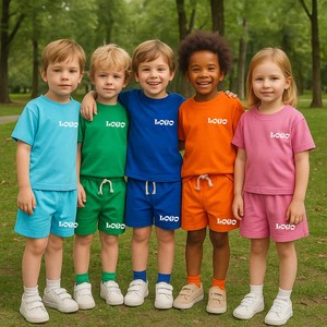 Set Estivo Casual per Bambini 1-13 <span class=keywords><strong>Anni</strong></span>, T-Shirt 100% Cotone Personalizzate, Completo Unisex con Maniche Corte - Product Image 1