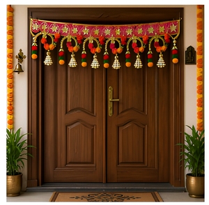 Traditional Indian Toran with Pink Lotus Beaded Tassels and Gold Embroidery for Diwali Entryway Decor Door Hanging - Product Image 1
