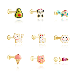 Pendiente de botón de esmalte con diseño de dibujos animados, chapado en oro, de plata S925, con parte trasera plana, para perforaciones de cartílago helix y hueso de la oreja, para mujer - Product Image 1