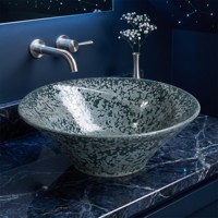 Vasque artistique de salle de bain en céramique, motif floral en spirale, bleu cristal éclatant, style ferme moderne, luxe léger haut de gamme