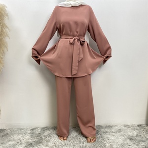 High Quality Pure Color Two Pieces Set Simple Blouse and Loose Wide Leg Pant Office Fashion Sets Muslim Modest Abaya Sets 2272 - Product Image 3