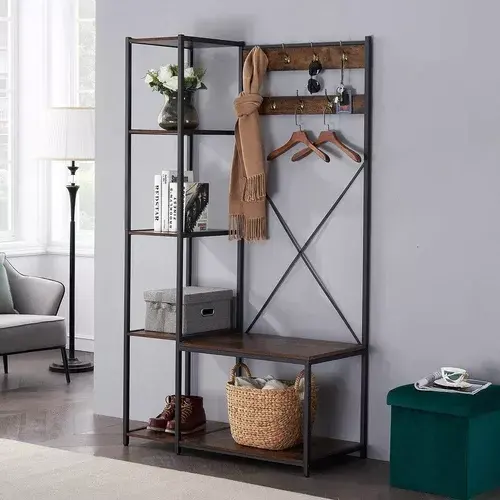 Modern wood Metal Frame Hall Tree Shoe Storage Clothes Hat Coat Rack