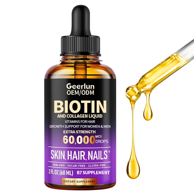 Oem nhãn hiệu riêng biotin và collagen chất lỏng thêm sức mạnh 60000 mcg giọt vitamin cho tóc tăng trưởng Vitamin B7 bổ sung