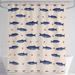 Rideau de douche vintage imprimé poisson bleu <span class=keywords><strong>aquarelle</strong></span> 100% polyester, imperméable, résistant à la moisissure, rideau de salle de bain nautique personnalisé - Product Image 6