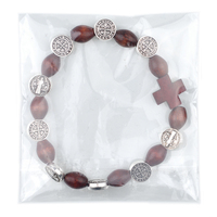 Bracelets en perles de bois avec croix catholique, médailles de Saint Benoît avec croix