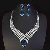 Parure Collier et Boucles d'Oreilles Goutte d'Eau en Cuivre Bleu Océan avec Zircon Plaqué Platine, Style Européen et Américain Haut de Gamme, Idéale pour Mariage et Fêtes