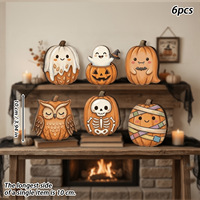 Adornos de madera vintage de Halloween pintados a mano: fantasma, murciélago, búho, gato negro, calabaza. Decoración de mesa estilo rústico americano, recuerdo de fiesta.