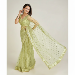 Sari de fiesta de diseñador con secuencia y trabajo de Dori para vestirse profesionalmente - Product Image 1