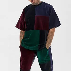 Wholesale Custom Embroidered T-shirt Mixed Color Velvet Men Tshirts Cut And Sew Oversized Colorblock Velour T Shirt