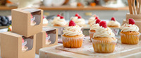 NPLUX Lot de 25 boîtes à cupcakes en carton pré-assemblées, inserts marron, jetables, qualité alimentaire, compatibles congélateur, 3,5x3,5x3,5, avec fenêtre de présentation
