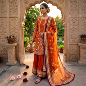 Costume Anarkali traditionnel indien pakistanais pour femmes, en soie brodée orange, longueur au sol, coupe régulière, tenue de mariage - Product Image 1