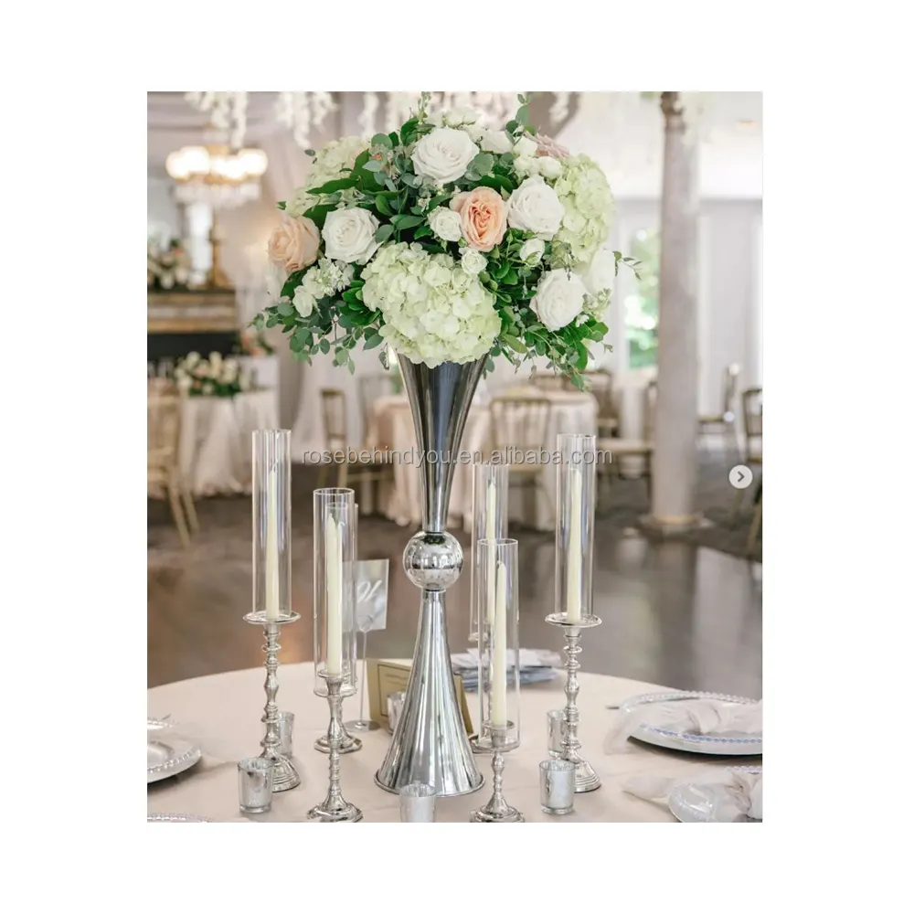 शादी की सजावट के लिए धातु फूलदान मेज centerpiece चांदी मेज centerpiece vases शादी की मेज