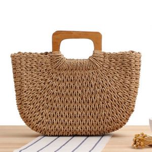 Wholesale New Wooden Handle Handmade Straw <b>Bag</b> Summer <b>Beach</b> <b>Large</b> Capacity Paper Straw <b>Bag</b> - Product Image 6
