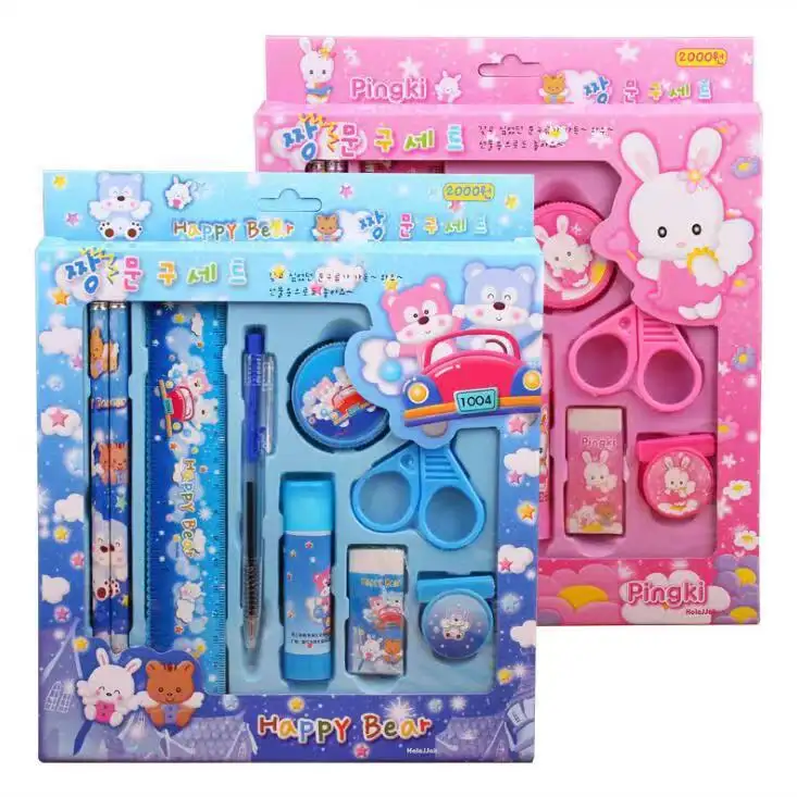 Ensemble de papeterie de dessin animé coréen coffret cadeau fournitures scolaires de papeterie créative pour enfants lot de neuf cadeaux en gros