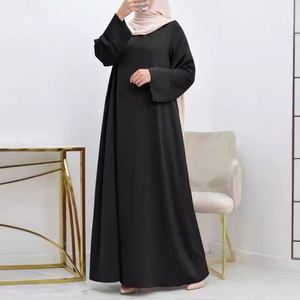 Nouvelle jupe en satin pour femmes musulmanes, <span class=keywords><strong>djellaba</strong></span>, couleur unie simple, col rond ample, ceinture, taille plus, manches longues - Product Image 3