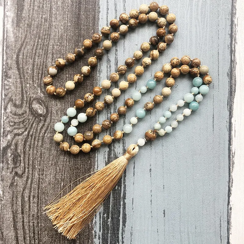 ST0596 Amazonite & Picture Jasper 108 Mala Beads Necklace For Stress Relief Hand Knotted Mala Necklace With Silk Tassel
