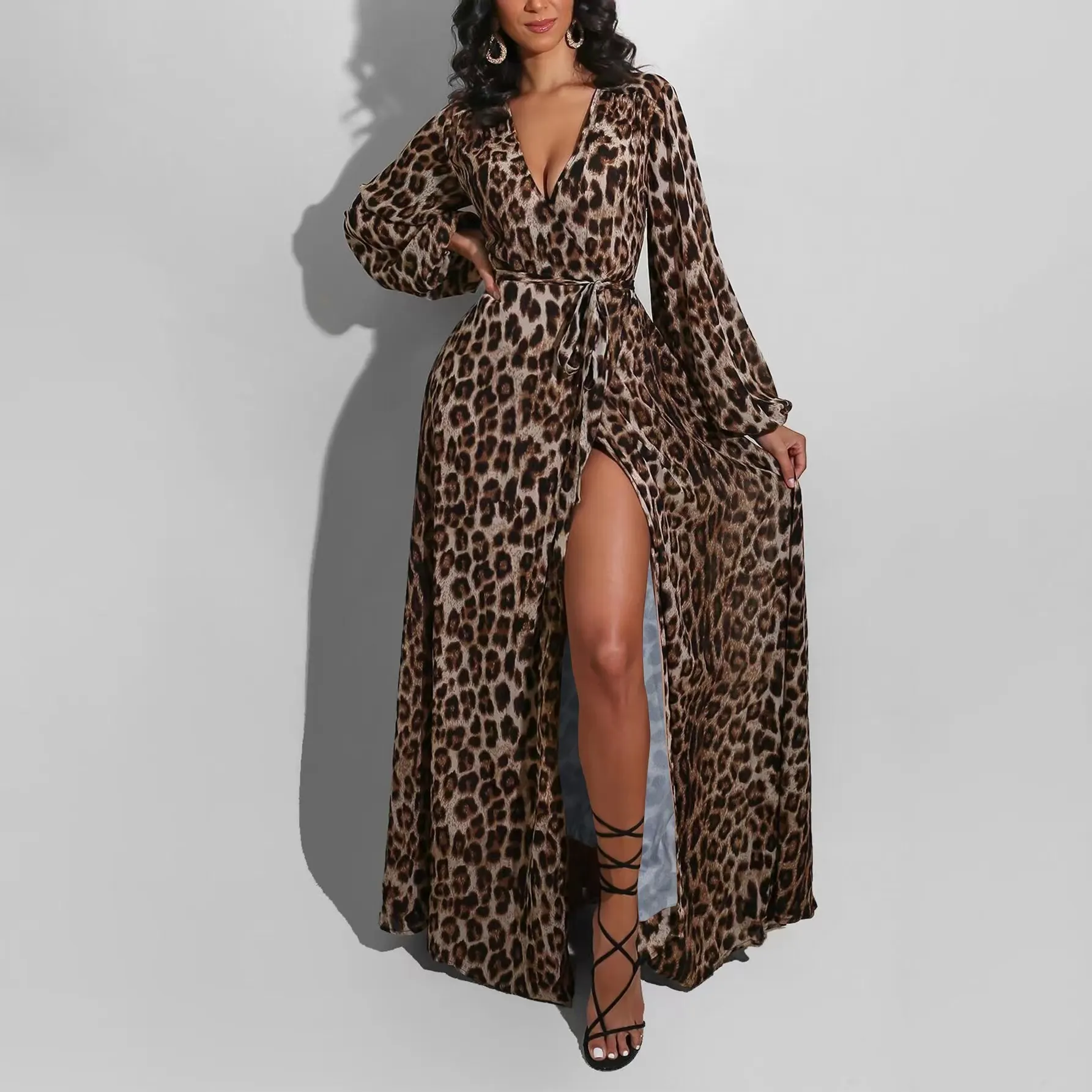 Sexy casual leopard print V-neck women's long dress nightclub dress